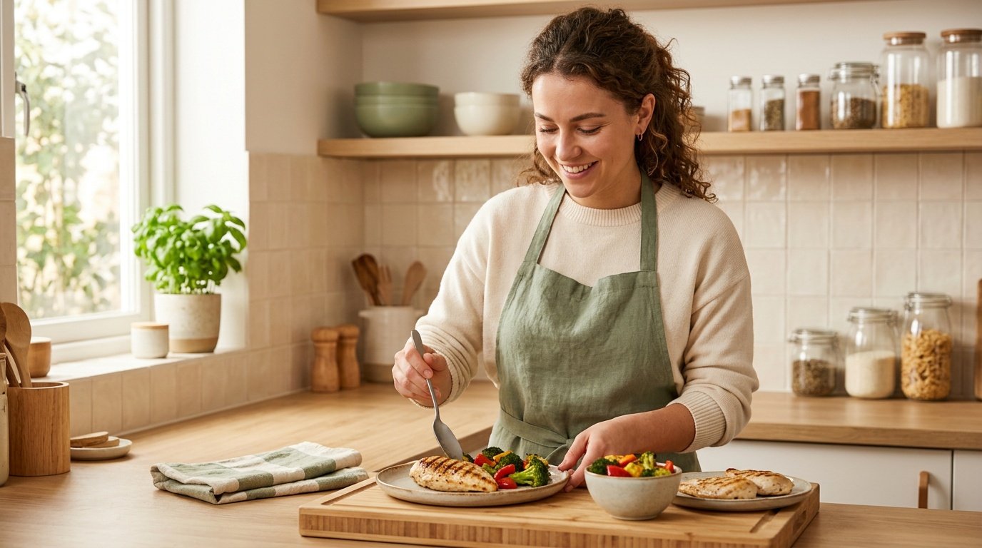 person confidently preparing a balanced regular-texture meal months after gastric bypass surgery