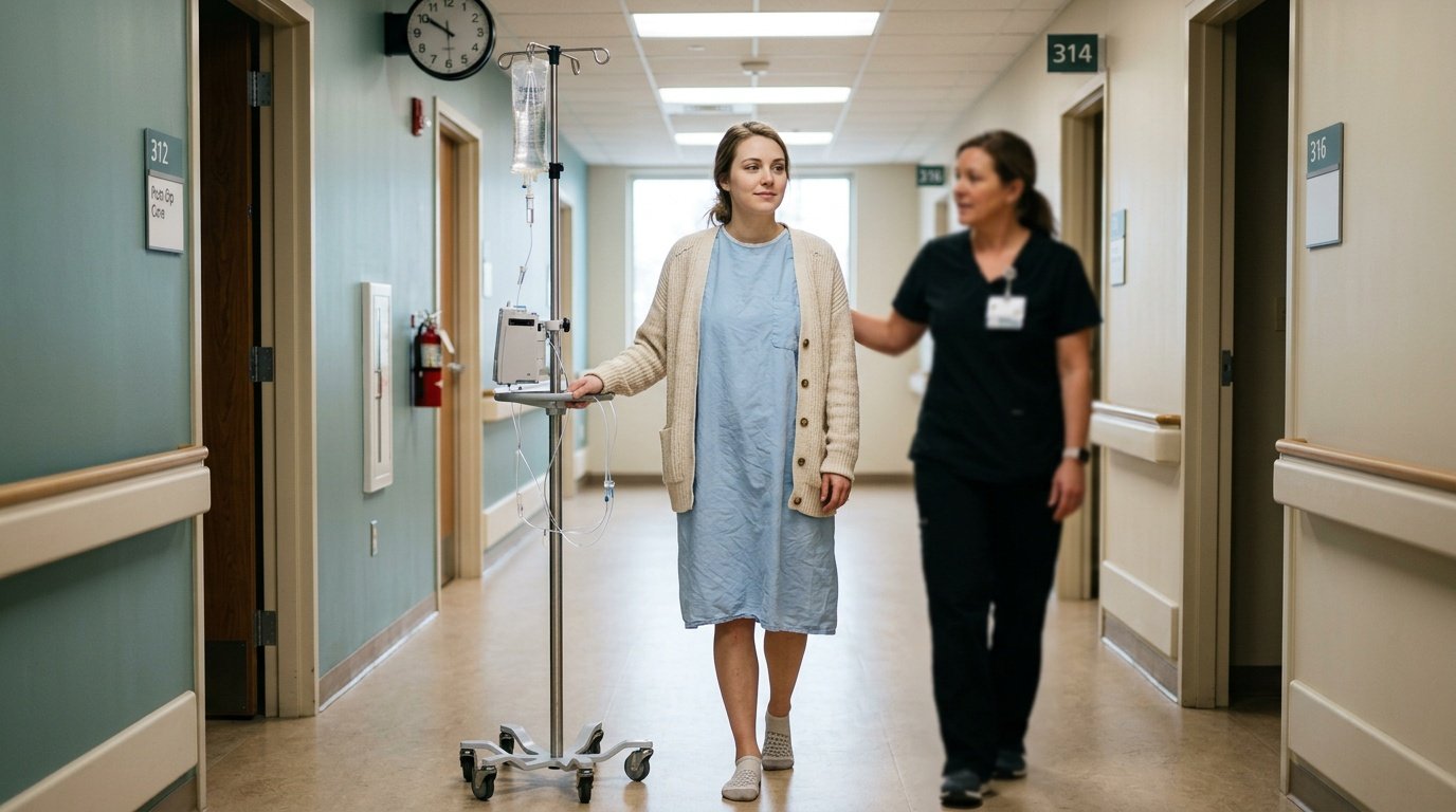 bariatric bypass surgery recovery time shown through a patient taking their first assisted walk down a hospital hallway