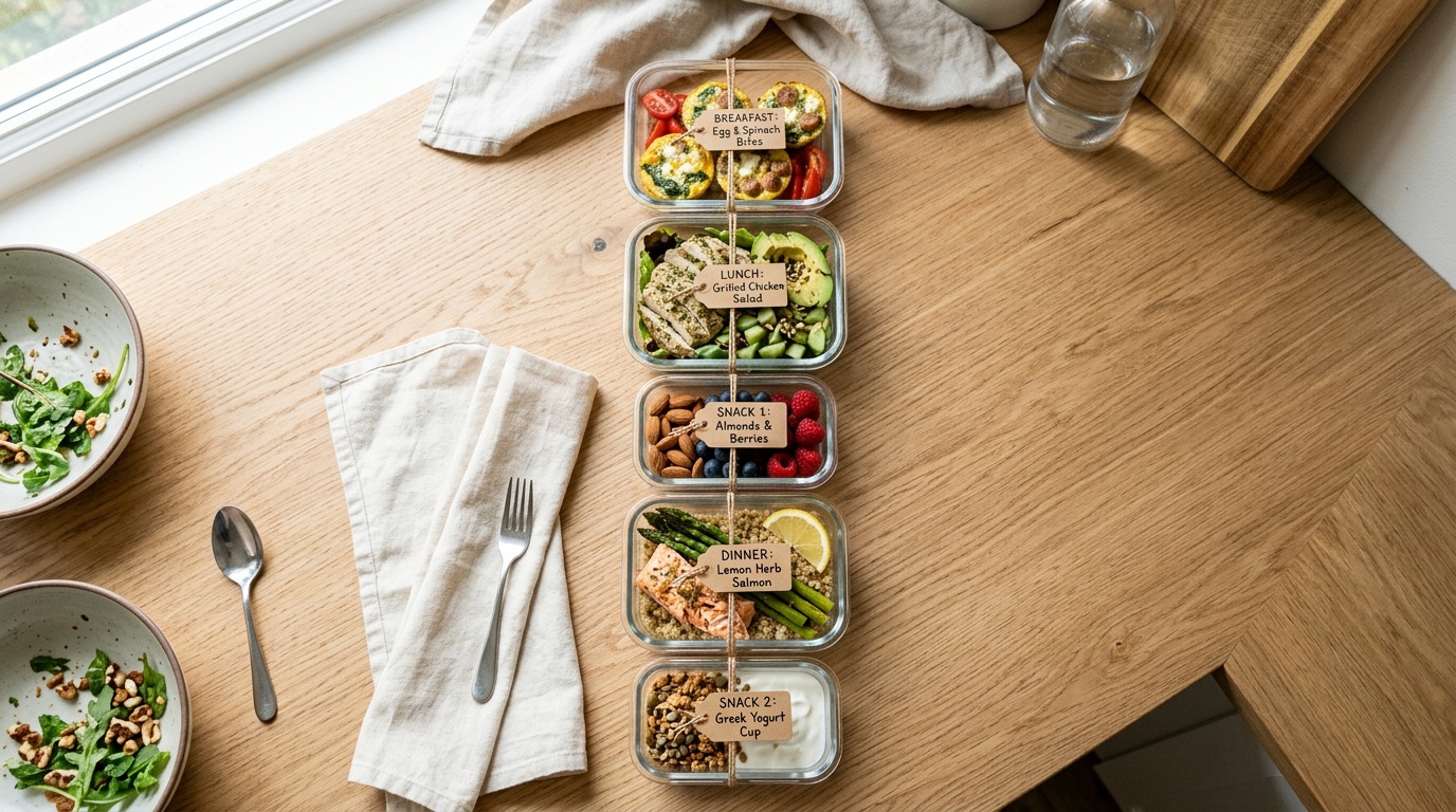 A day's worth of small, protein-focused meals laid out for someone three months post-bariatric surgery