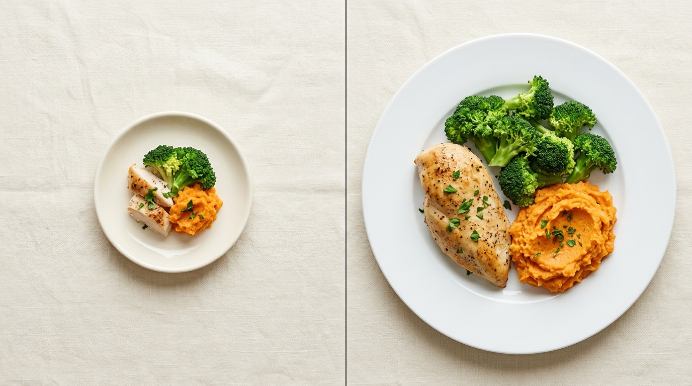 Side by side comparison showing a small post-bariatric surgery meal portion against a standard plate