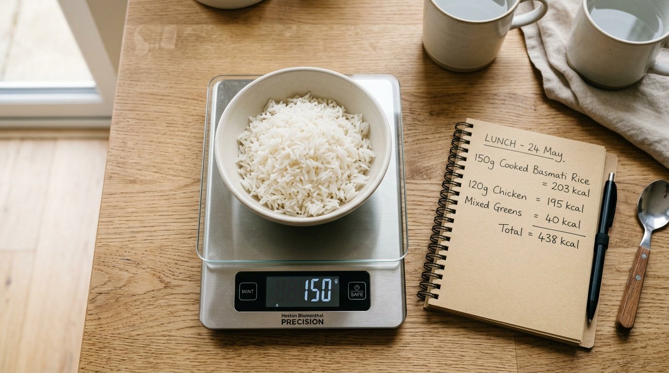 basmati rice weight loss portion measured on a kitchen scale for calorie tracking