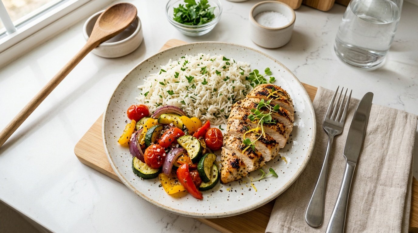 basmati rice weight loss meal with protein and vegetables on a balanced plate