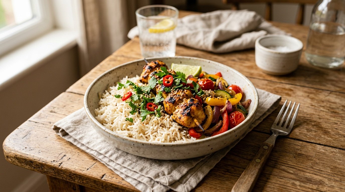 basmati rice weight loss balanced bowl with grilled protein, fresh vegetables, and herbs