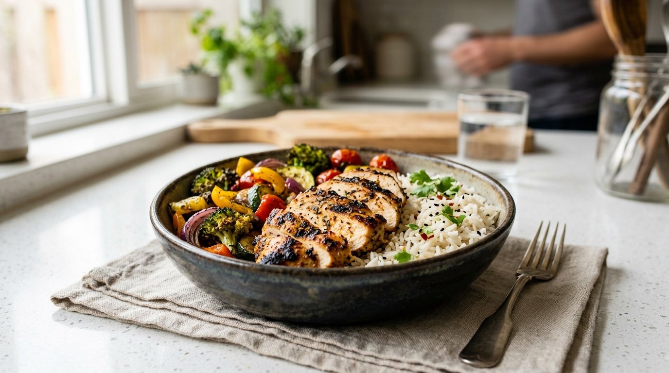 basmati rice and weight loss shown through a portioned bowl with grilled chicken and vegetables
