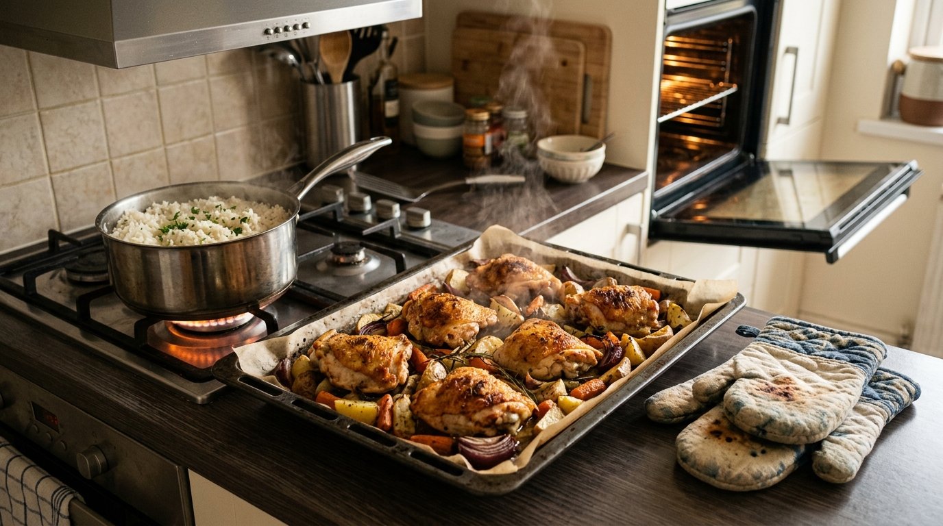 Sheet pan of batch-cooked chicken and rice for high protein meal prep