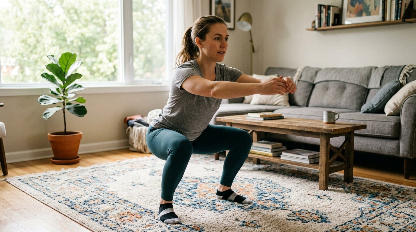 Beginner doing bodyweight squats at home for strength training