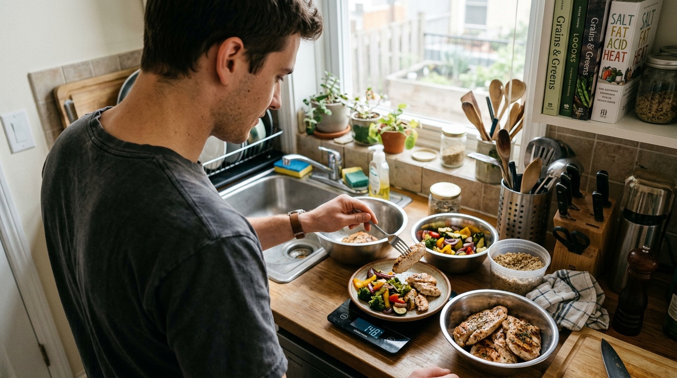 beginner portioning a meal to build a sustainable calorie deficit