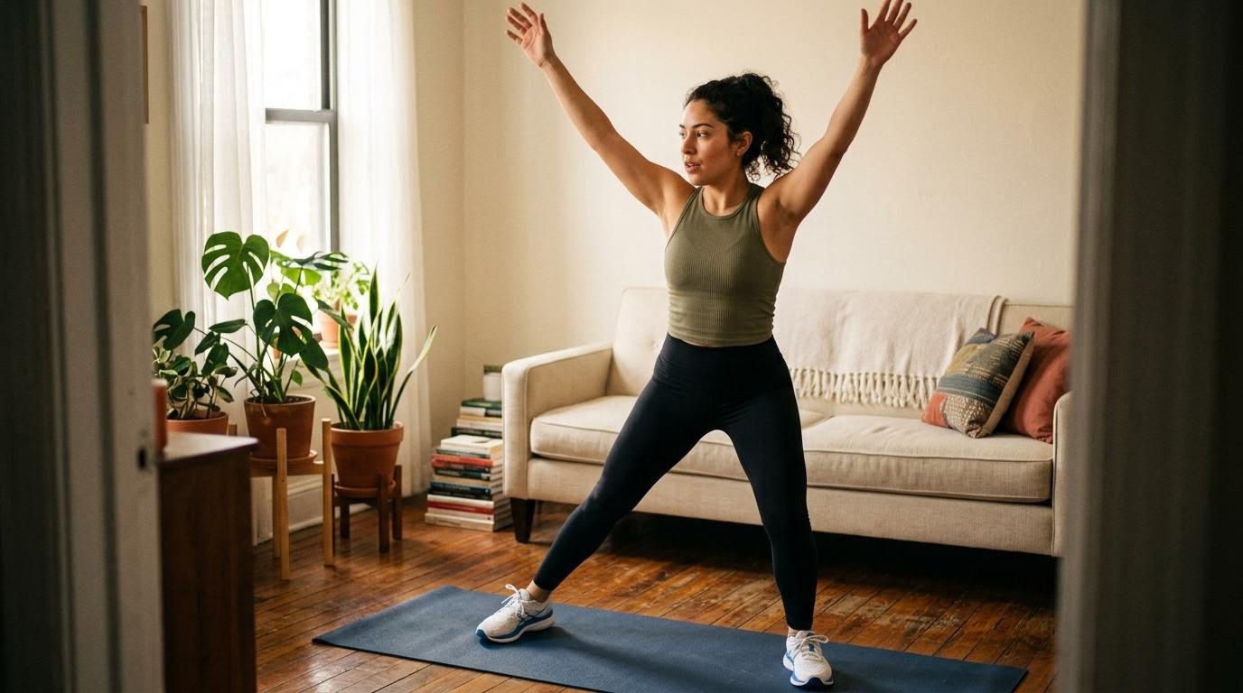 Hispanic Mexican woman performing a low-impact step-out jack as part of beginner cardio exercises in her living room