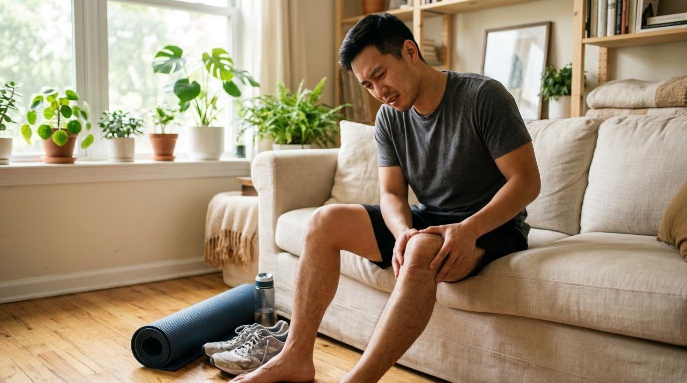 East Asian man resting on a couch and rubbing his knee, illustrating a common beginner cardio exercises overtraining mistake
