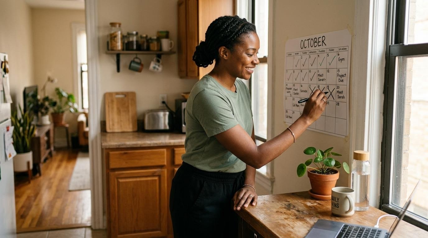 Black American woman marking a completed session on a four-week wall calendar after beginner cardio exercises