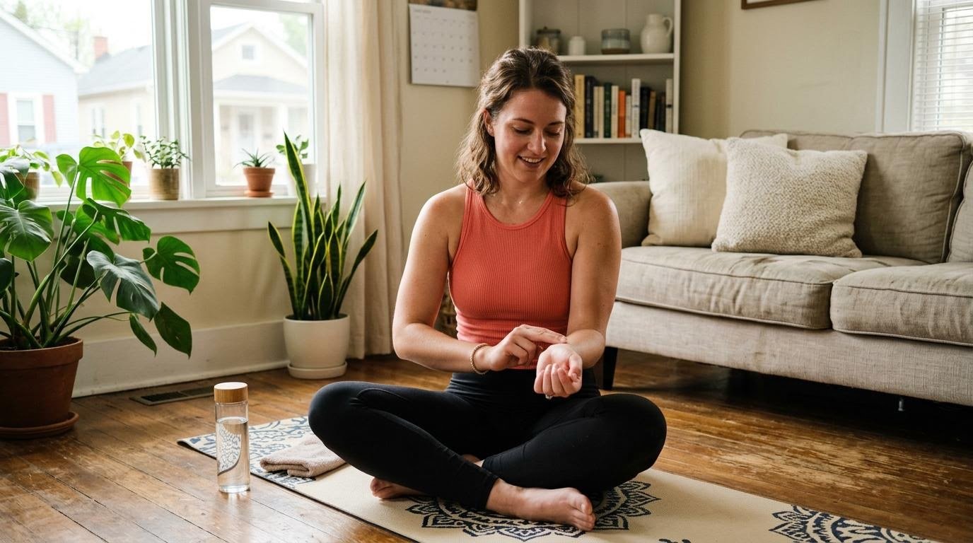 White American woman checking her pulse at her wrist after doing beginner cardio exercises at home