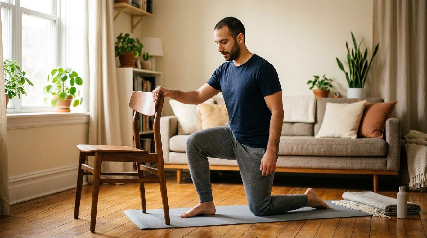 Middle Eastern man using a chair for support while modifying a low-impact beginner cardio exercise for his knees