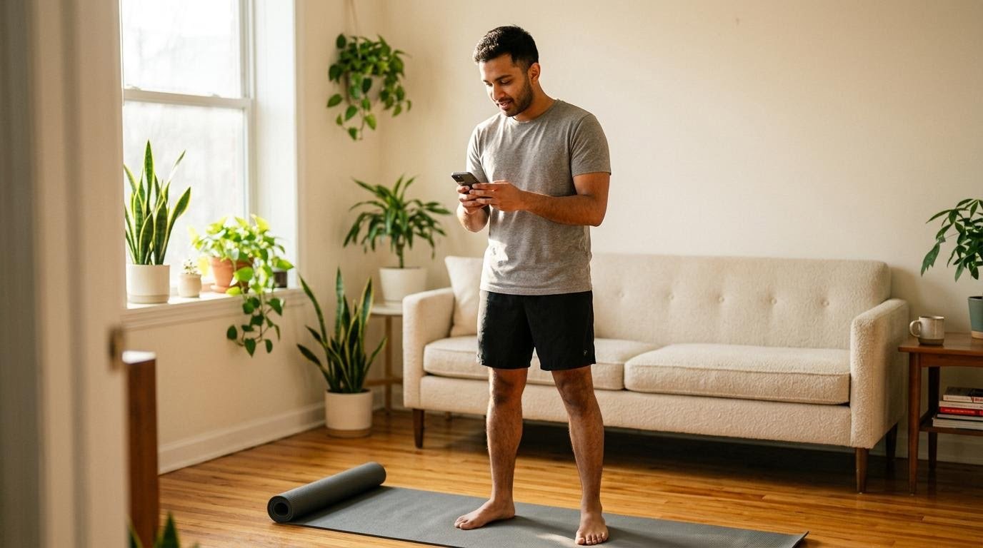 beginner cardio exercises shown as a young South Asian man in his living room checking a phone timer before starting a home workout