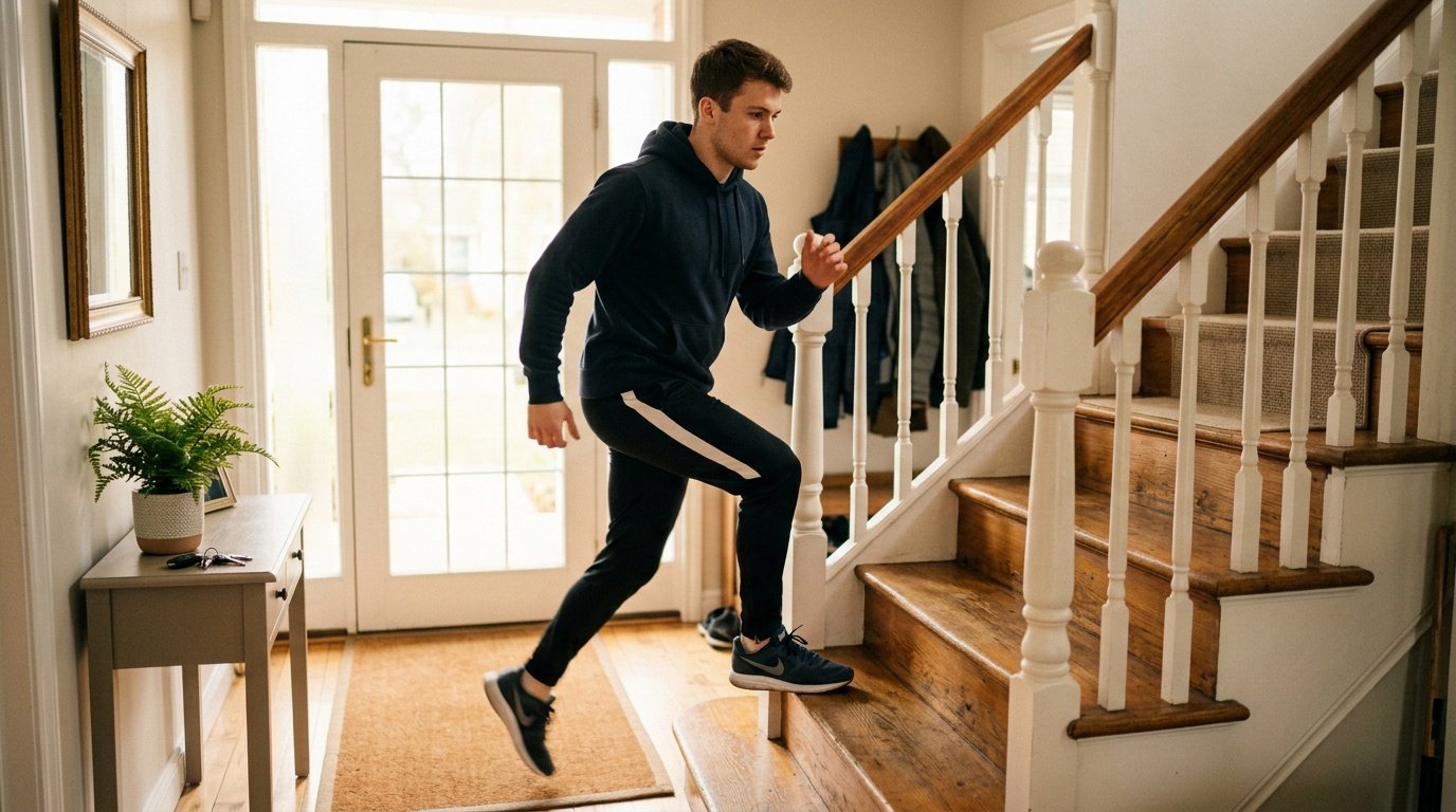 Beginner progressing with stair step-ups as home cardio intensity increases