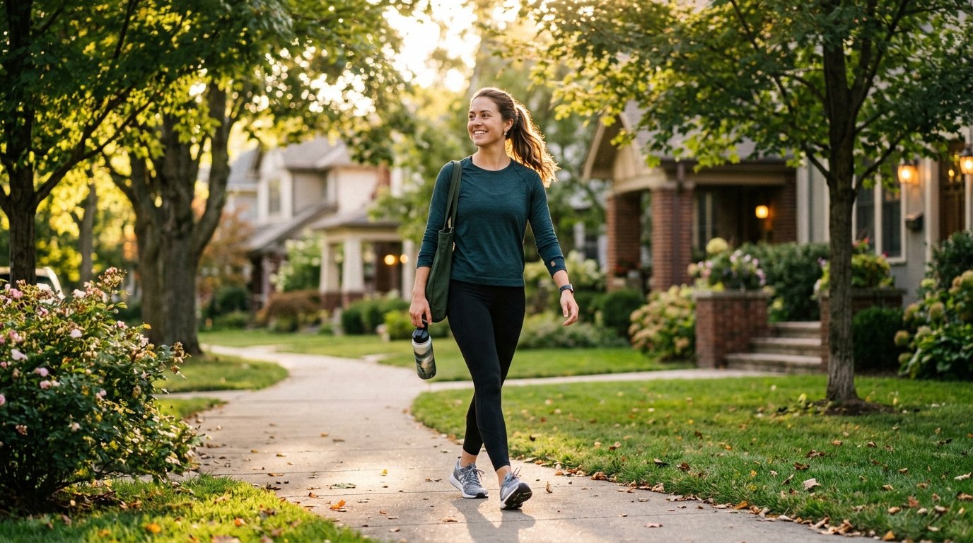 Young adult walking briskly outdoors as a beginner weight loss habit