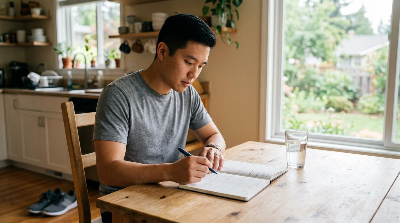 Man checking a handwritten weekly activity plan before a beginner workout