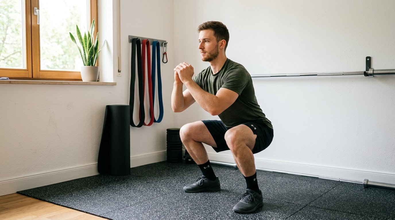 Beginner practicing a bodyweight squat as part of a four-movement strength framework