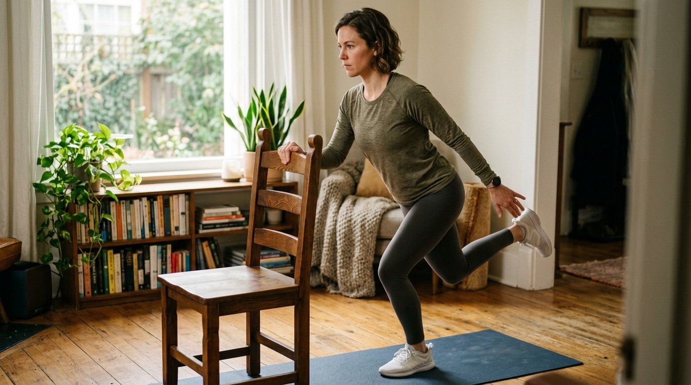 Beginner modifying a low-impact cardio exercise using a chair for support