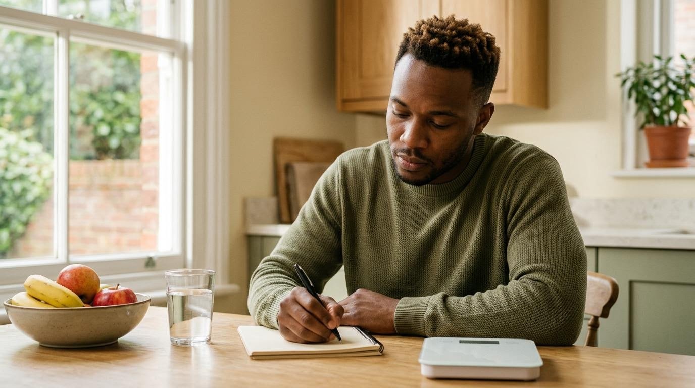 Black American man planning meals in a notebook with a glass of water, a burn belly fat drink routine inside a calorie deficit
