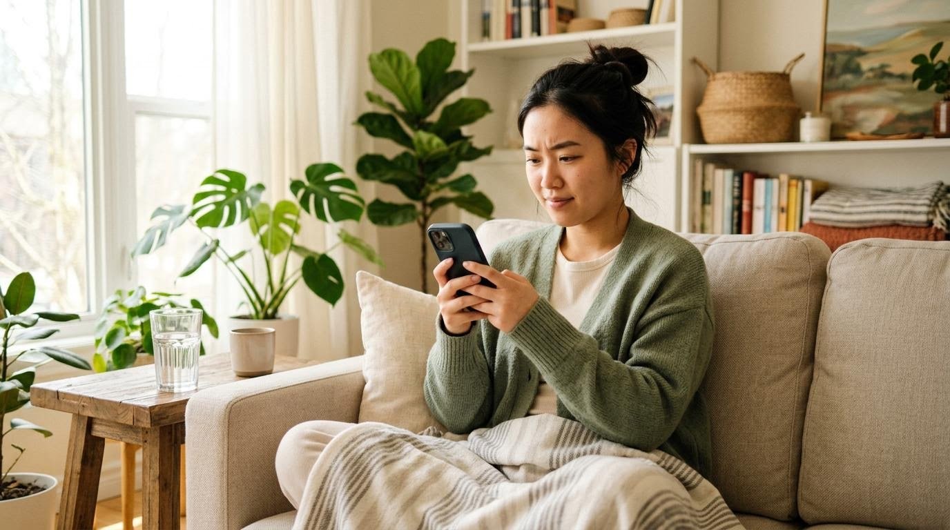 East Asian woman reading about belly fat drink myths on her phone with a glass of water beside her