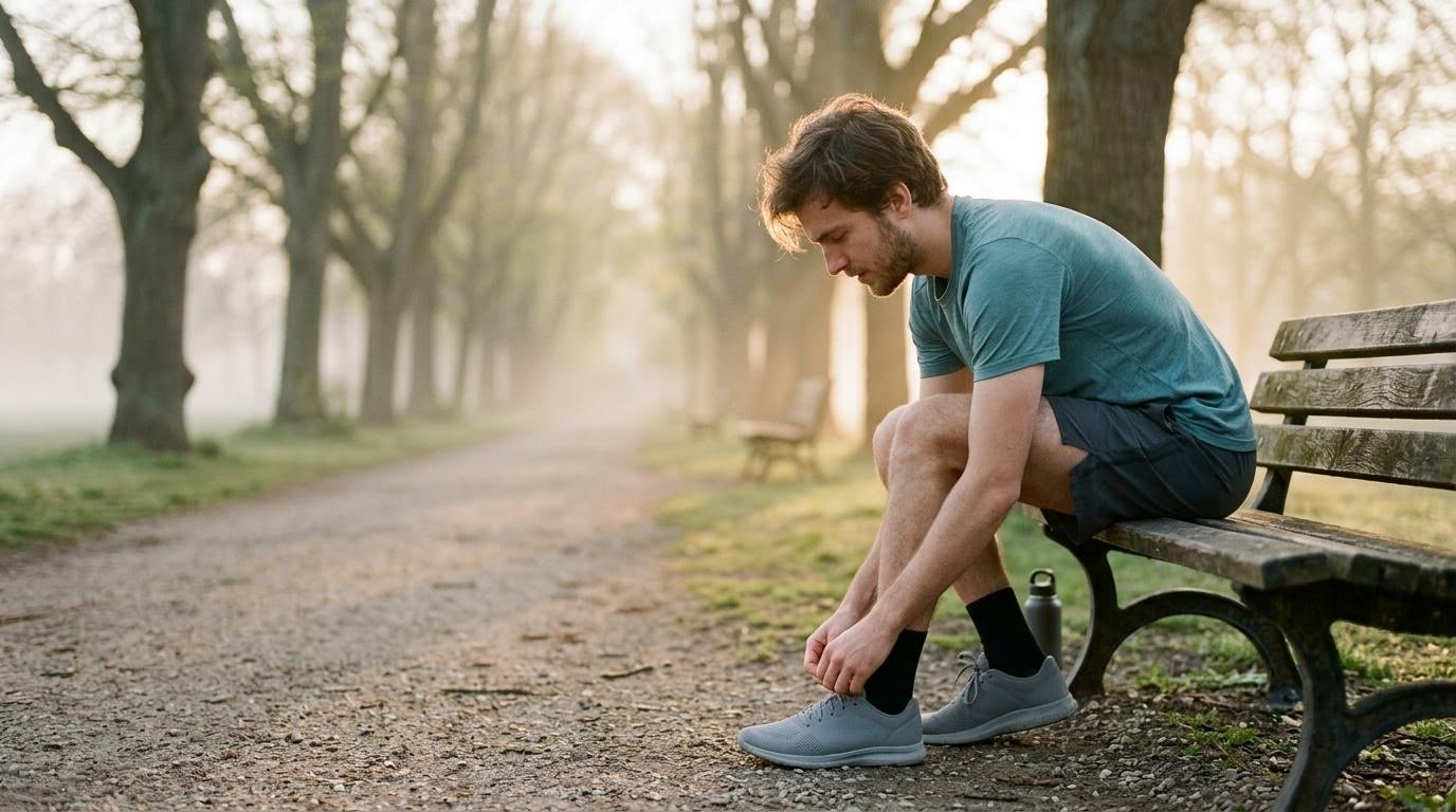 Young man tying running shoes at sunrise, starting one of the best exercises for weight loss: a morning run