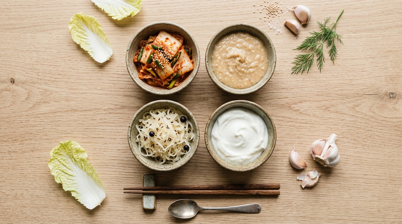 overhead flat lay of fermented foods including kimchi, sauerkraut, and miso for gut health