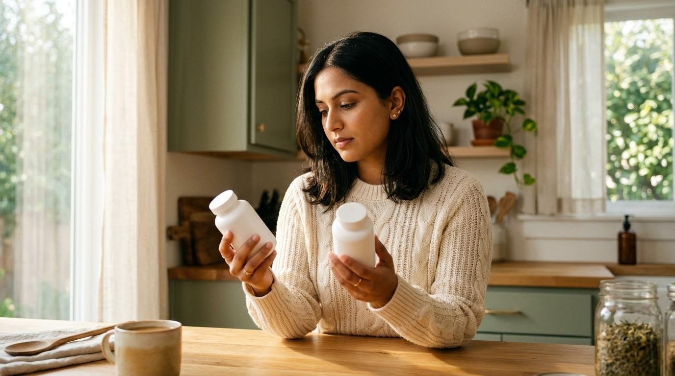South Asian woman in her late 20s comparing two probiotic bottles in a bright kitchen while searching for the best probiotic for weight loss