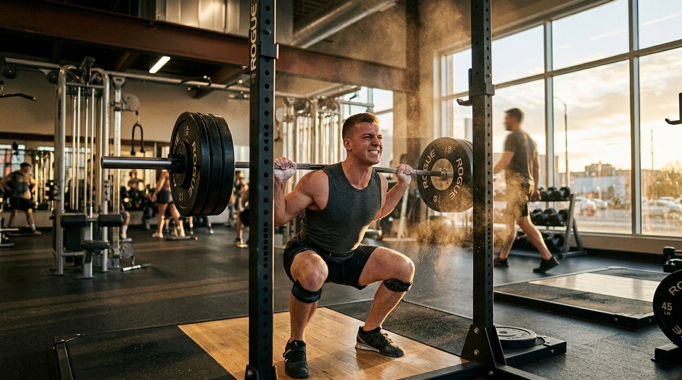 Man performing a late-afternoon strength training session in the gym