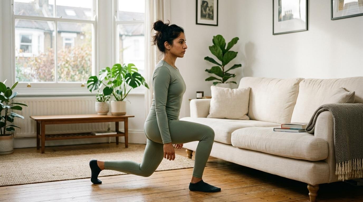 Woman doing a reverse lunge beside a sofa, the best workout for busy moms needs no equipment