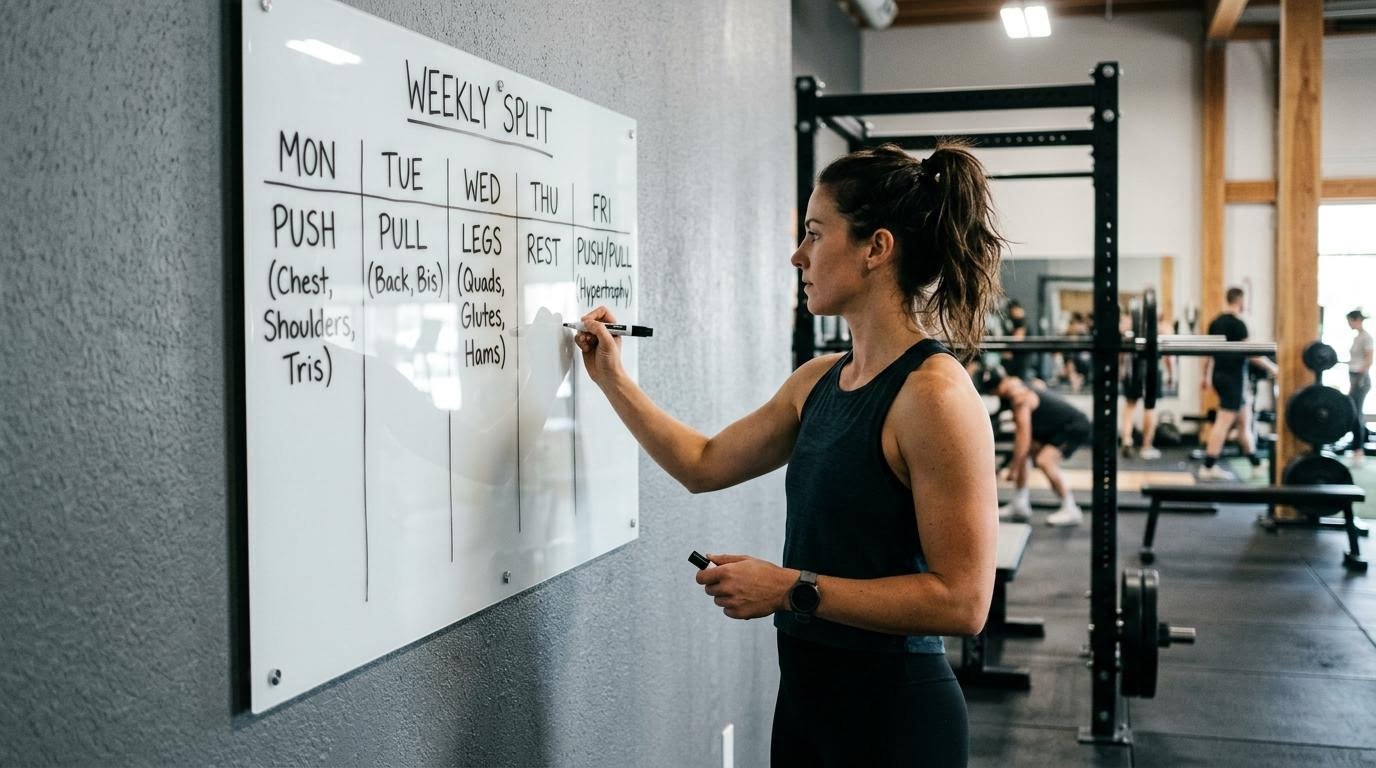 Woman writing a weekly workout split on a gym whiteboard
