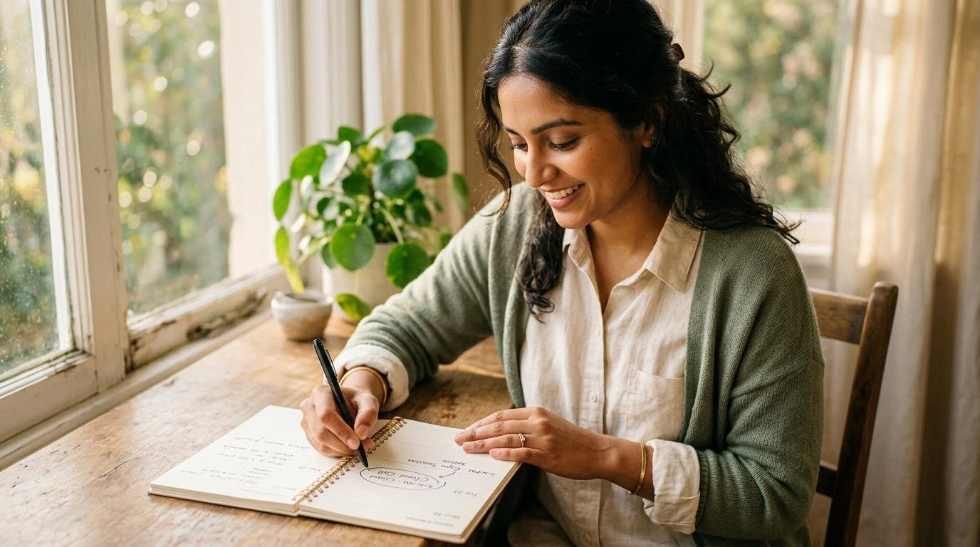 Woman circling two daily habits on a weekly planner by a sunlit window