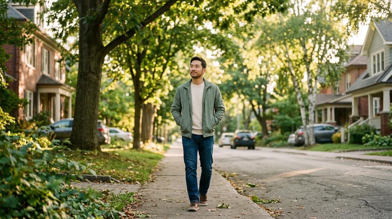 Man taking a short morning walk as a small step during a low mood phase of bipolar disorder