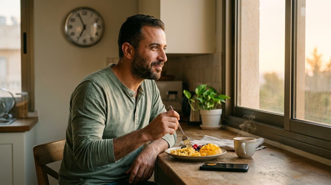 Man eating a regular breakfast in a sunlit kitchen as part of a fixed daily rhythm for bipolar disorder