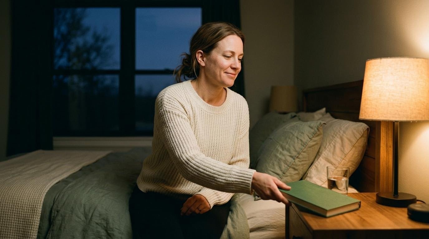 Woman setting a book and a glass of water on her nightstand during a calm bedtime wind-down