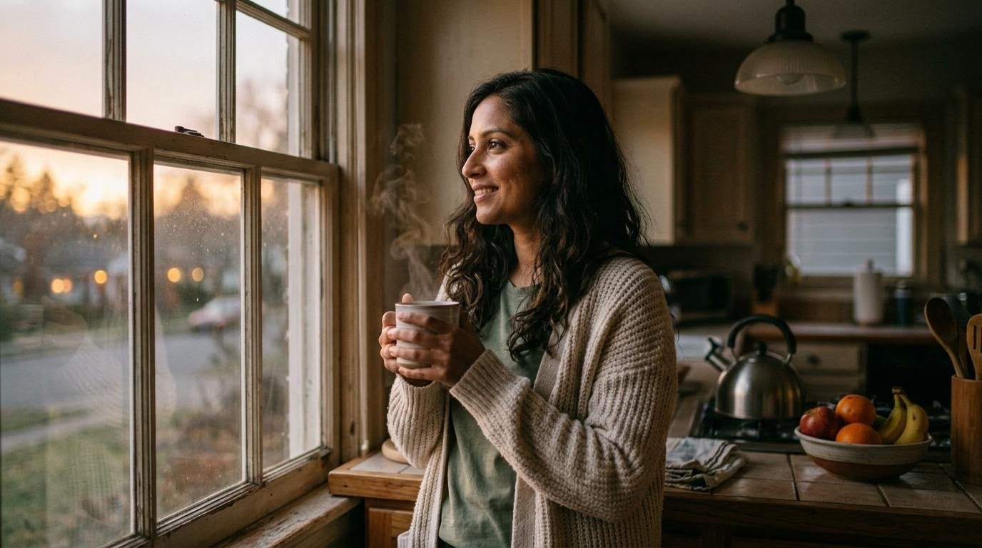 Woman holding a mug of herbal tea at a kitchen window at dusk as an alcohol-free evening ritual