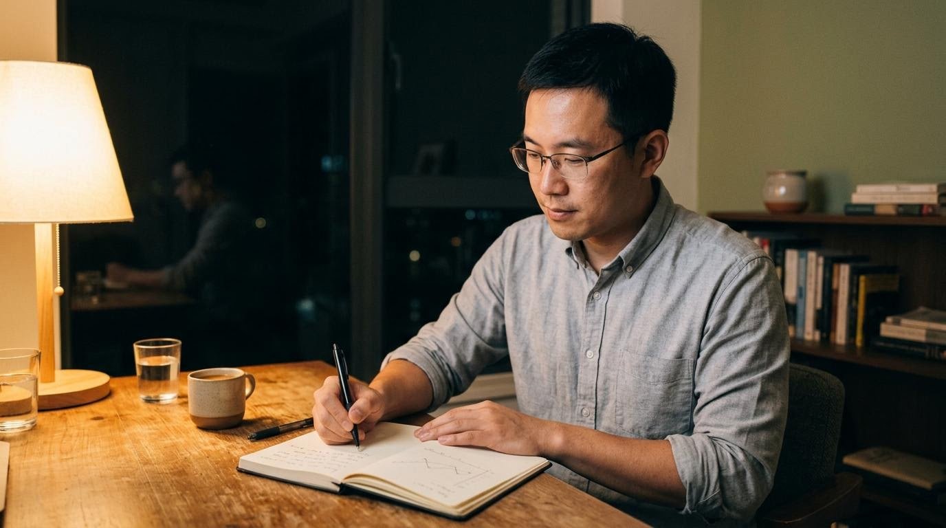 Man writing in a mood journal at a lamp-lit desk in the evening