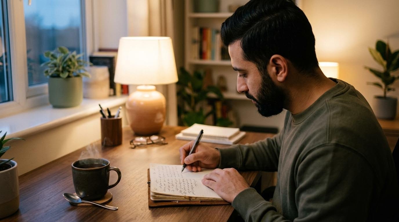 Man writing in a small mood journal during an evening bipolar mood tracking check-in