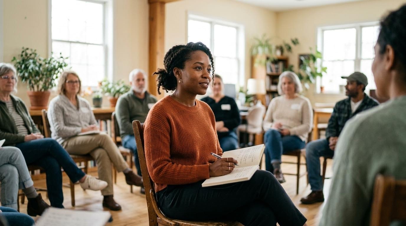 Woman listening in a small bipolar support and psychoeducation group session