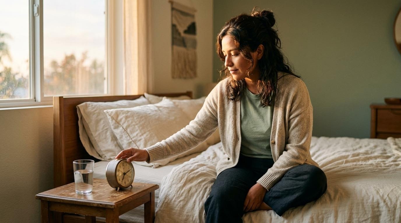 Woman setting a bedside alarm for a fixed wake time as part of a bipolar sleep routine