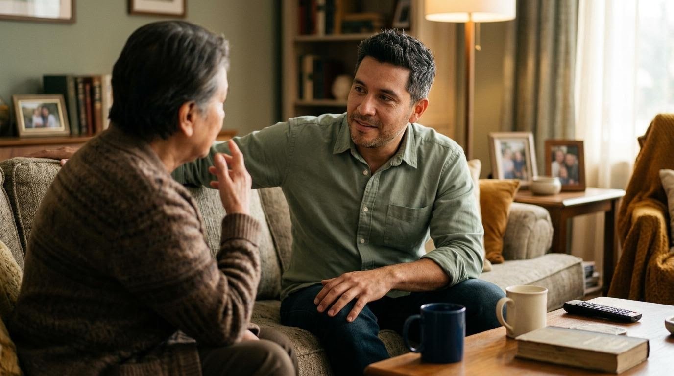 Man in a supportive conversation with a trusted friend on a living room sofa