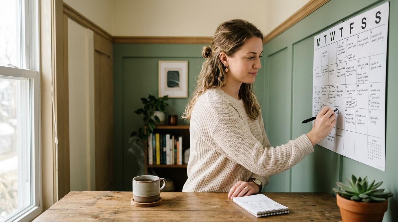Woman marking a busy deadline week on a planner to prepare for bipolar triggers