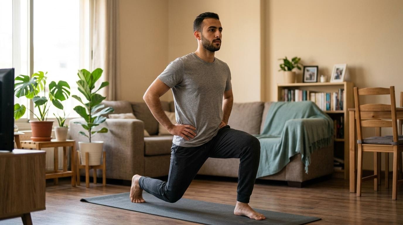 Man doing a bodyweight lunge at home, a weight loss exercise that works for women and men