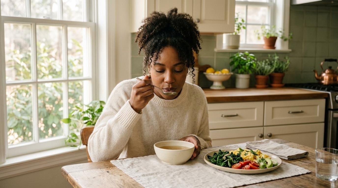 bone broth, soft-boiled eggs, and a green smoothie arranged as gentle first meal options after fasting