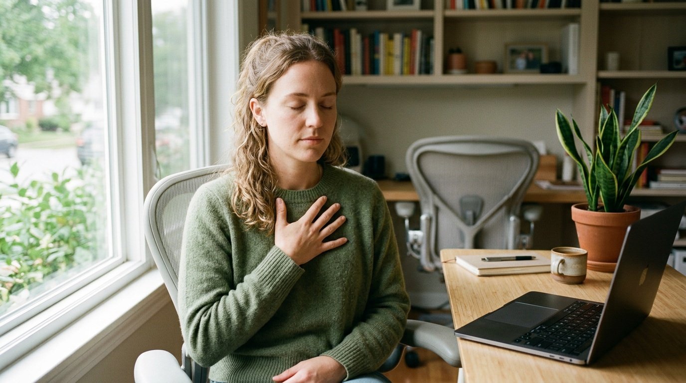Woman using box breathing as a quick stress relief technique at her desk