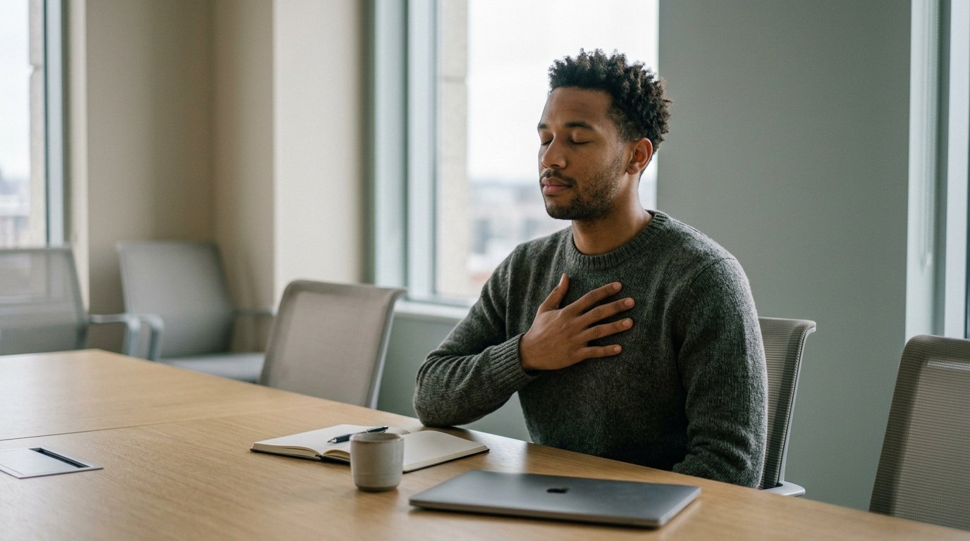 young man doing box breathing as a stress management activity before a meeting