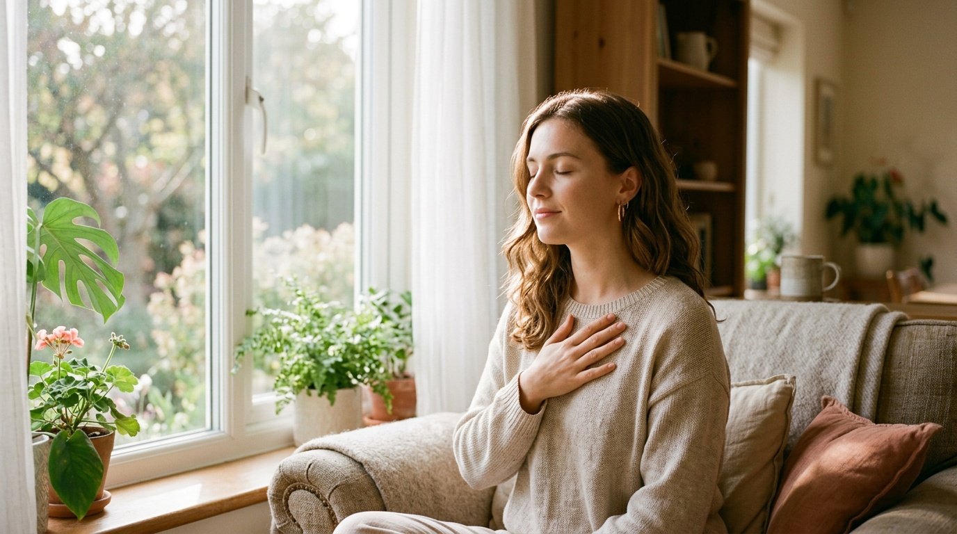 Young woman practicing breathing exercises for panic attacks while sitting calmly by a window