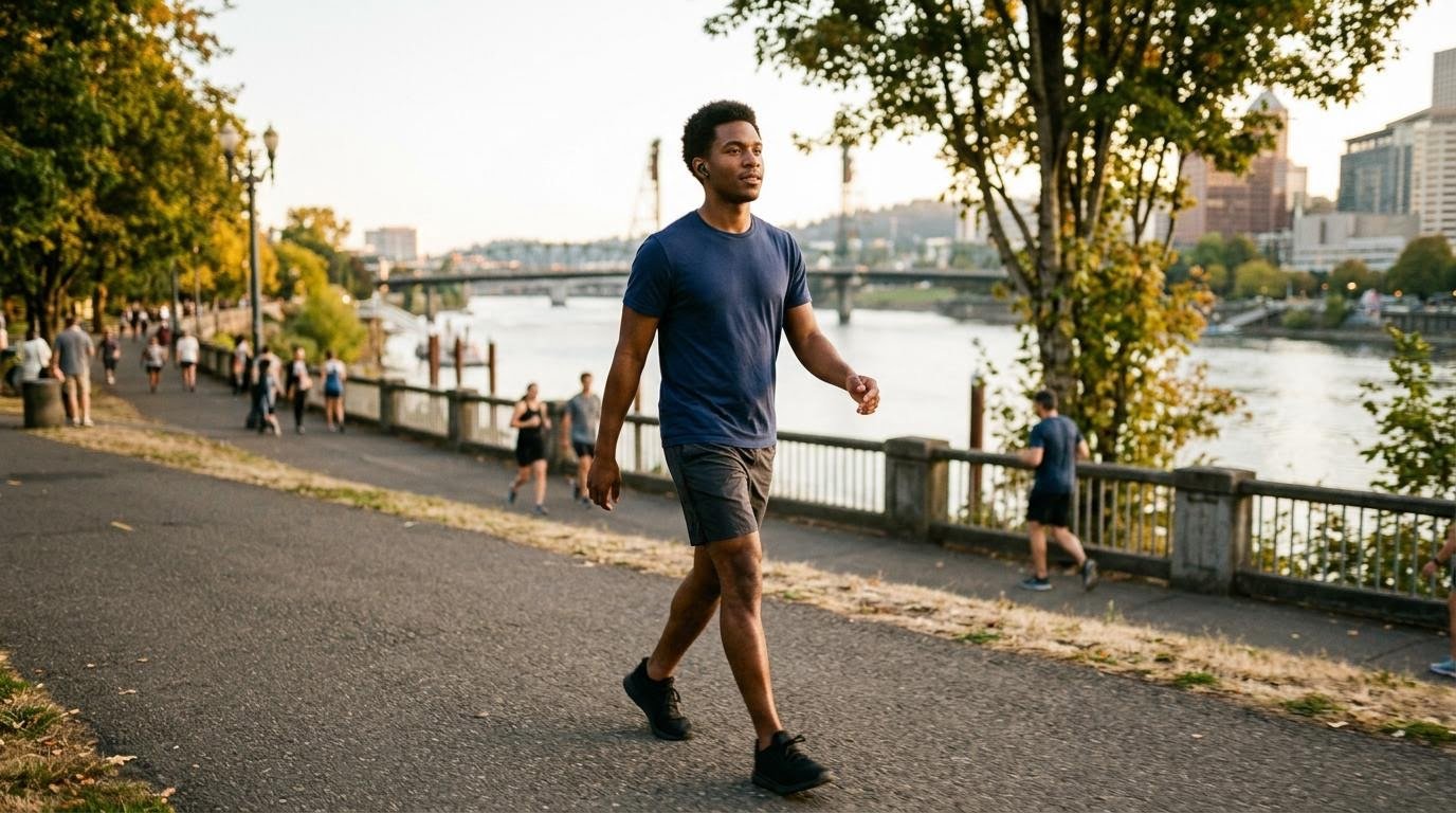 Man walking briskly on a riverside trail to reach the 150-minute weekly activity guideline