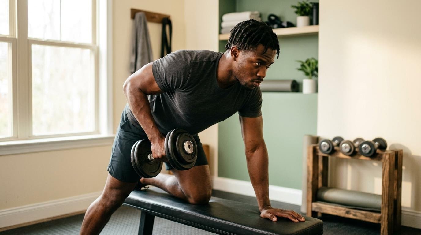 A man doing a dumbbell row at home to protect muscle in a calorie deficit