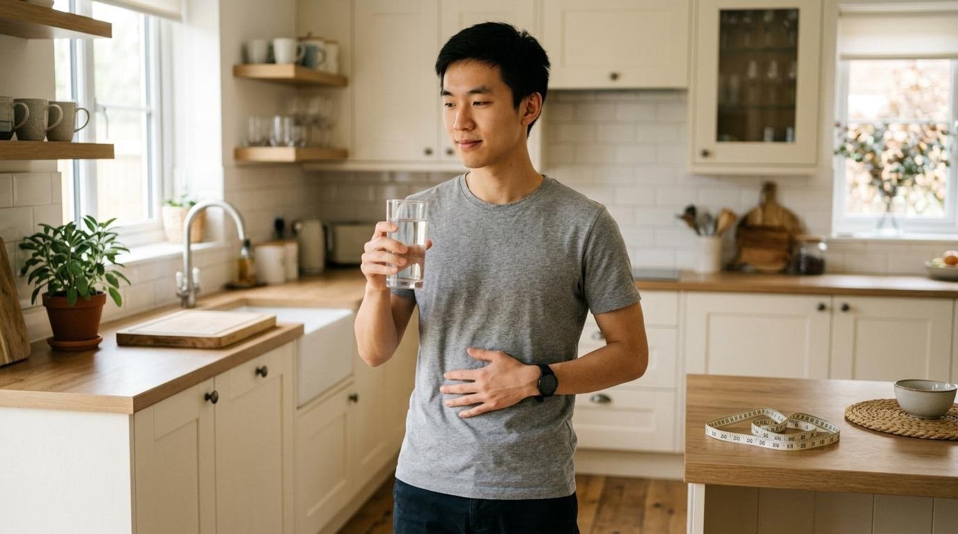 Young East Asian man holding a glass of water, illustrating that a burn belly fat drink cannot target stomach fat