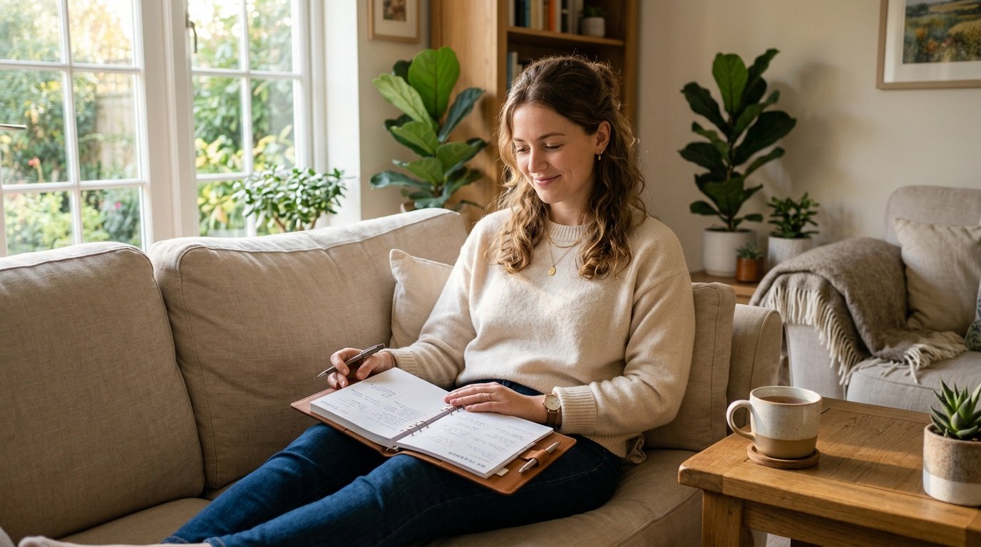 a young adult reviewing a sustainable weekly routine after recovering from job burnout